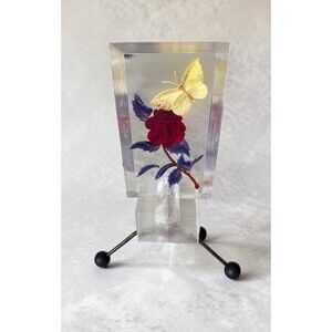 Vintage 1960s Reverse-Carved & Hand-Painted Lucite Intaglio Art on Metal Legs